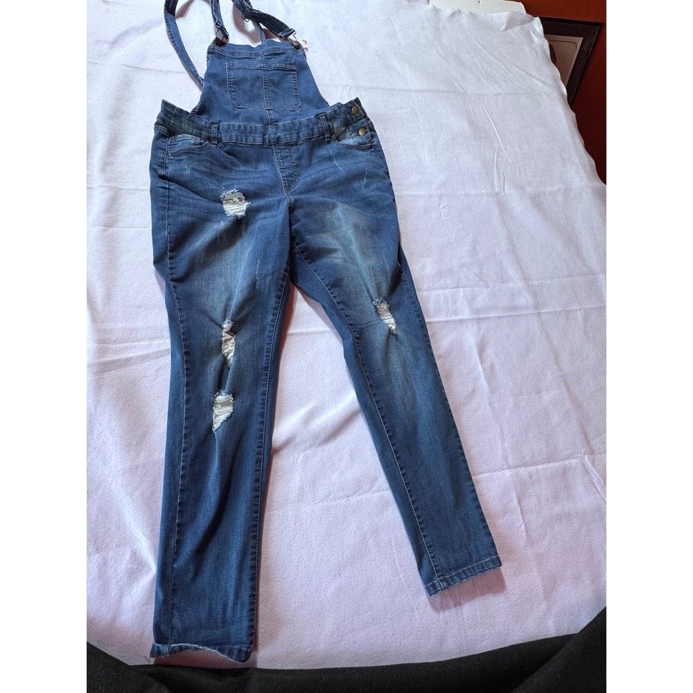 Wax Jean Womens Distressed Denim Overalls Medium Wash Slim Leg Bib 2XL